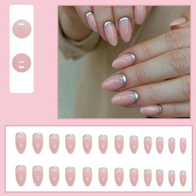 Kriga 24 Reusable Artificial Fake Nail Set| Peach Silver Bottom Line Almond Shape Glossy Nails| Lightweight & Long Lasting| Quick Fix For Festival