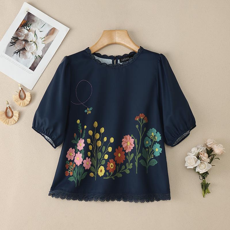 

ZANZEA Women Casual Round Neck Half Sleeve Loose Floral Blouse 5XL темно-синий