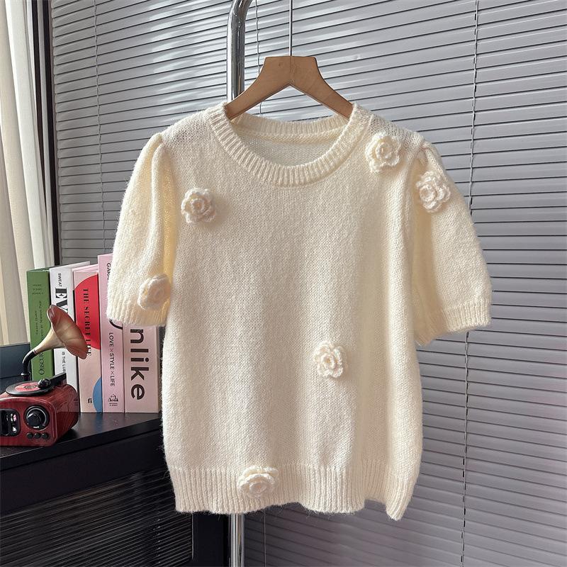 Fransk Søt Rund Hals Strikket Genser for Dame Høst og Vinter Slim Fit Genser Topp