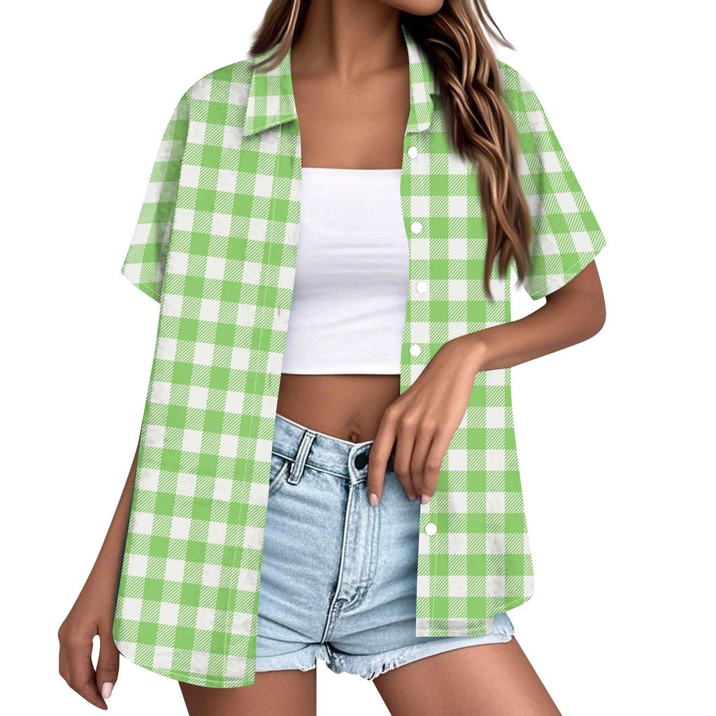 Women Casual Loose Short Sleeve Button Down Shirt Collar Plaid Checkered Blouse Summer Top Lightweight Breathable Fabric