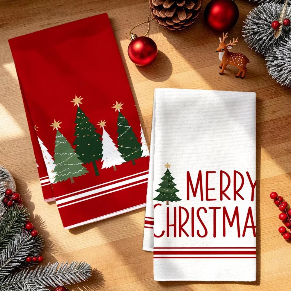 2PCS Fade-resistant Merry Christmas Kitchen Towel Water-absorbent Dishcloth Kitchen Hand Towel  Home
