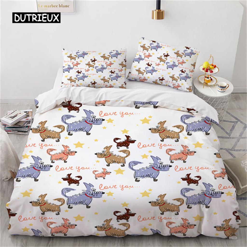 Niedliche Cartoon-Tier Bettbezug Hunde Bettwäsche Set Einzelbett Doppelbett für Kinder Mädchen Geschenk Raumdeko Mikrofaser Bettdeckenbezug Kissenbezug