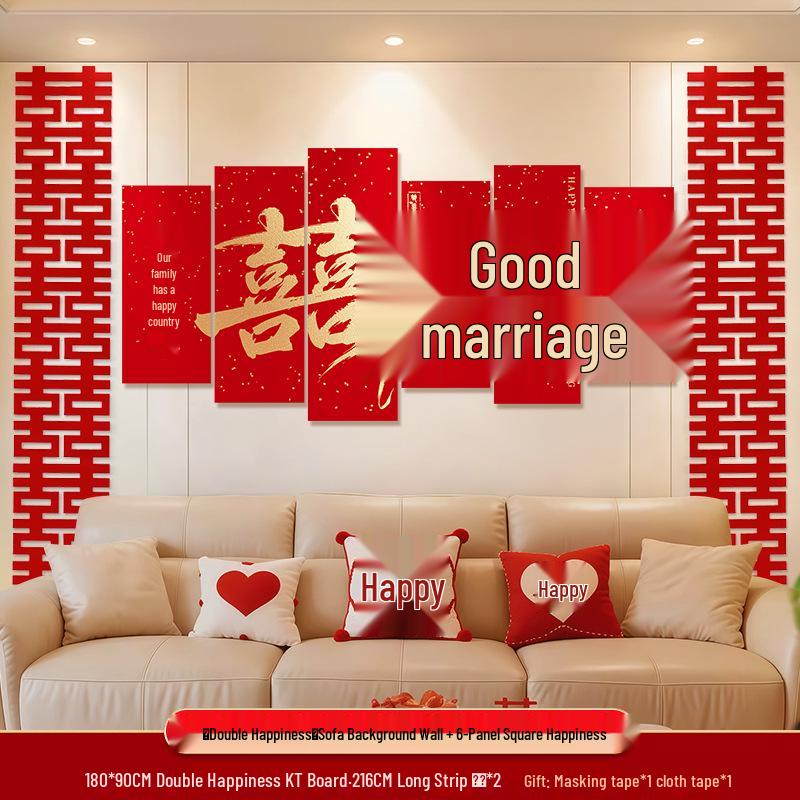 Bröllops vardagsrumsdekor: Bakgrundsvägg och soffgrupp med dubbel lycka