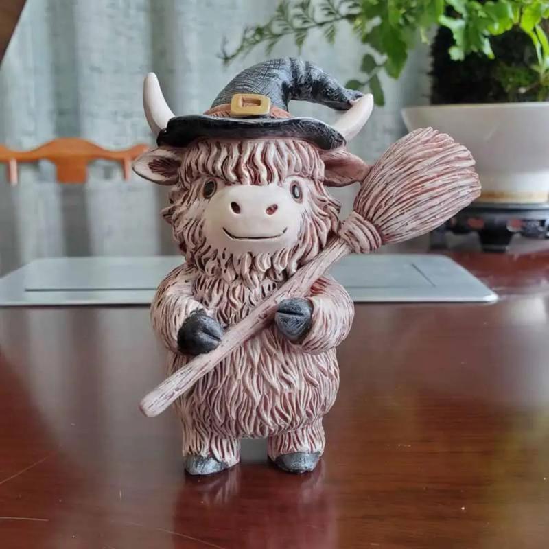 Resin Highland Cow Figurine Halloween Christmas Highland Cattle Cat Statue Animal Sculpture Holiday Party Decoration Ornament