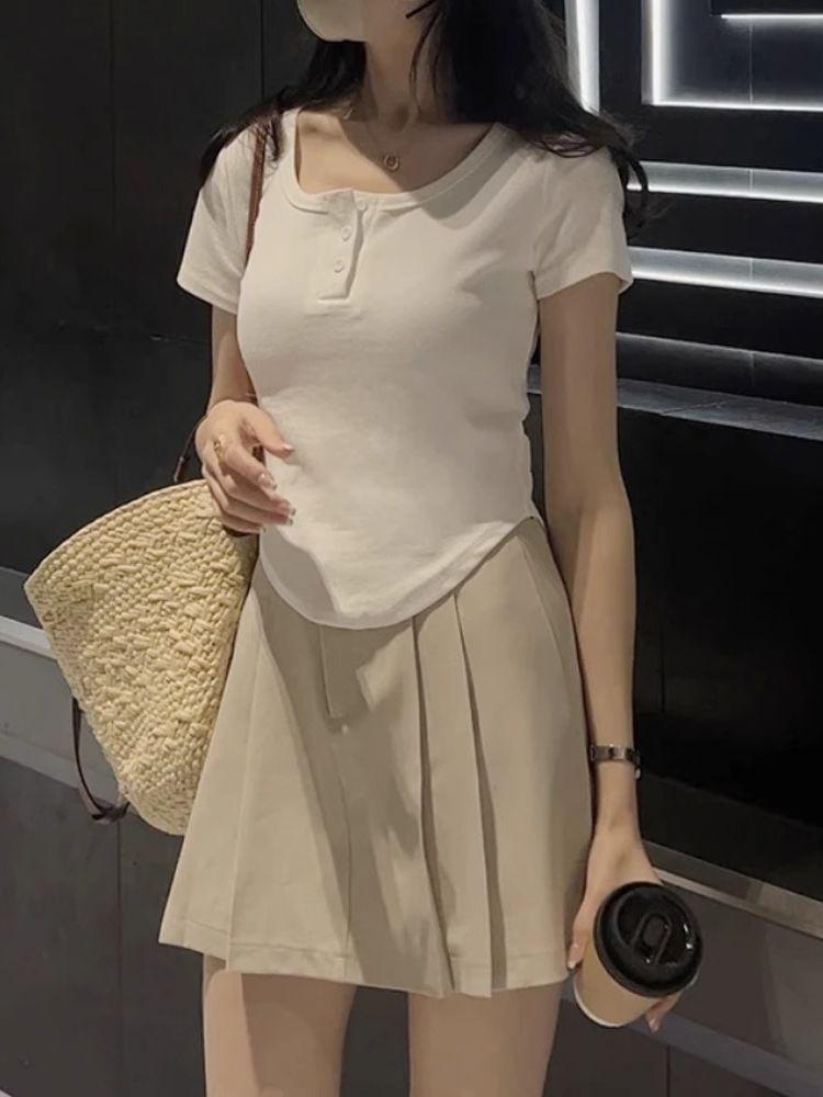 

Белая приталенная женская блузка с коротким рукавом - Летний корейский стиль M белый