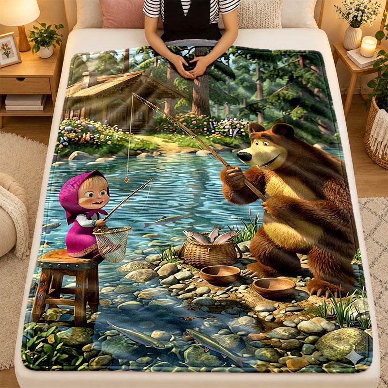 Flannel BlanketMasha and the Bear Warm Soft Throw Blanket for Indoor Sofa Bed Living Room Use