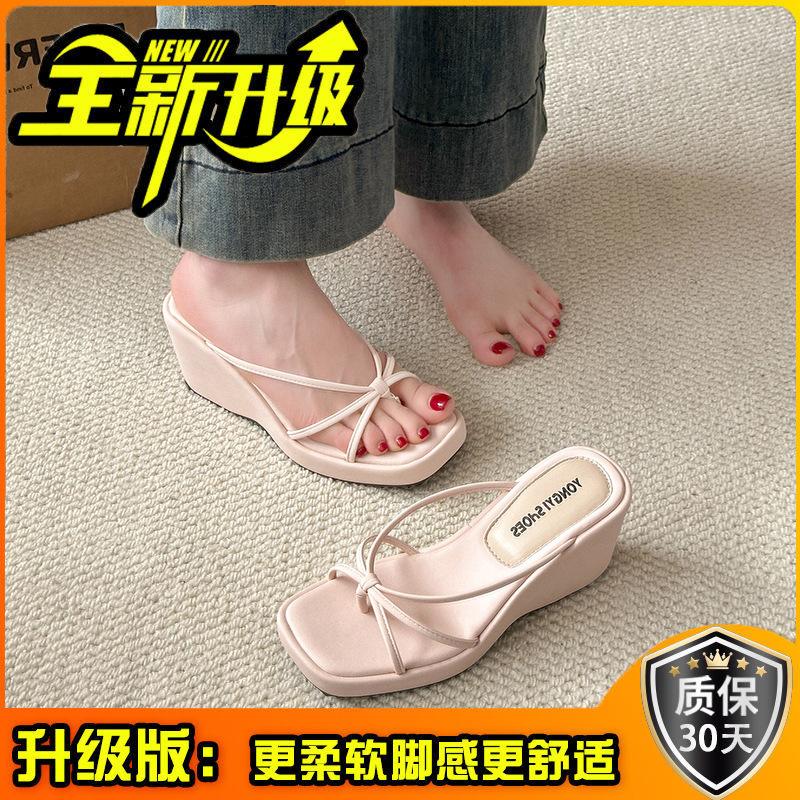 Neformální pantofle na klínku, letní plochá podrážka, jednoslovný design, mašle, platformové sandály, dámská obuv, letní nošení, módní, všestranné