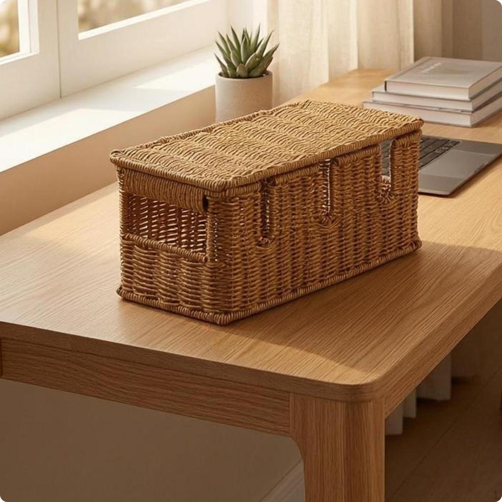 RattanCordHider Box BasketLike Lidded Cable Desktop Power Board Cover Double Opening