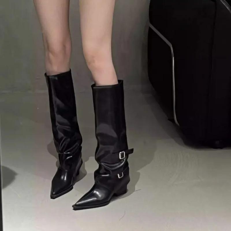 Bla High-Tube Long Boots Women's Faionable Retro Belted Pointed Toe Boots for Autumn Winter PU Leather Spring Season