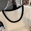 Vielseitiges Strick-Colorblock-Kurzarm-Damen-High-End-Rundhalsoberteil im koreanischen Stil