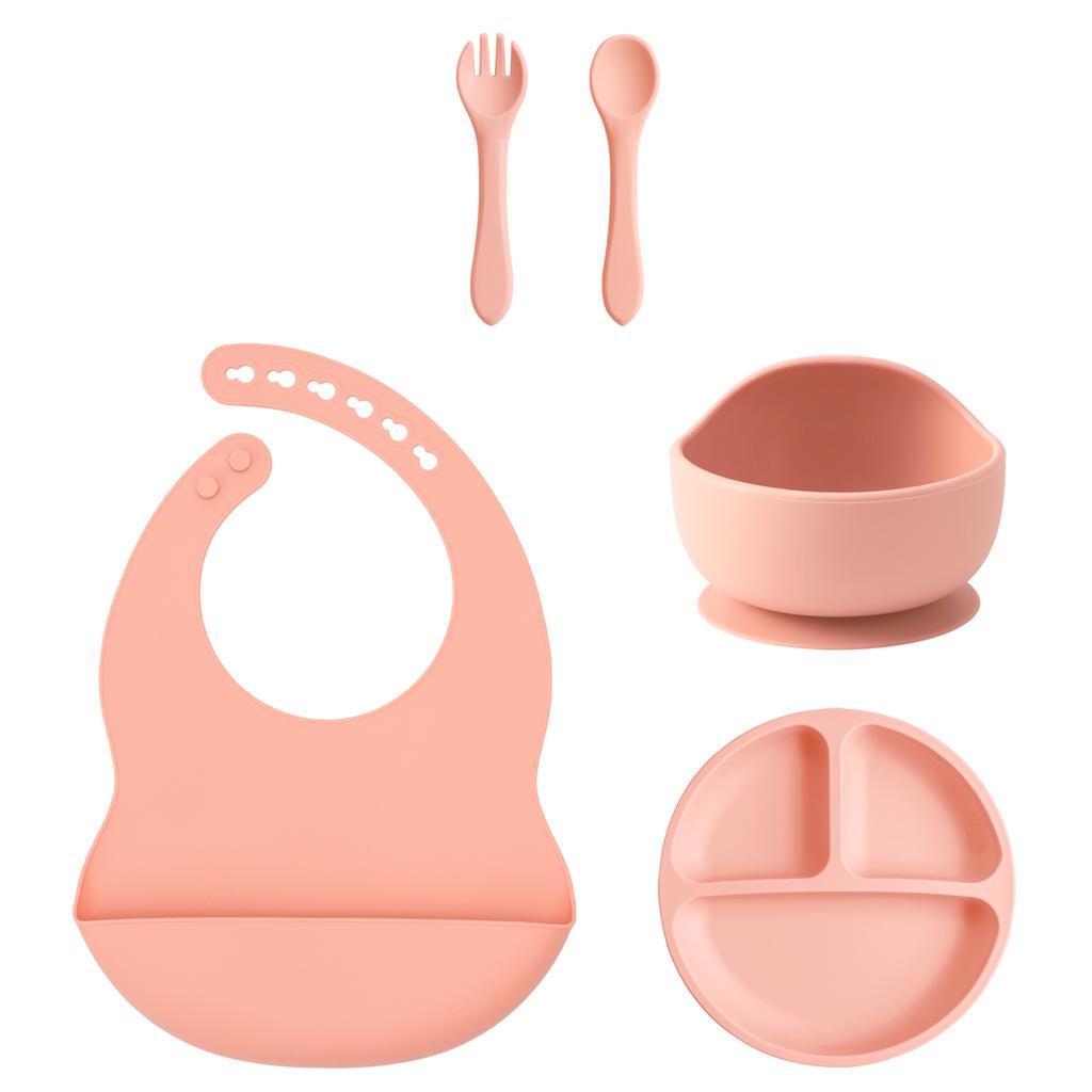 Color Kids 5-teiliges Silikon Baby Fütterungsset Saugteller Teller BPA-frei Saug-Schüssel Lätzchen Löffel Gabel Trainingsgeschirr Geschenkset