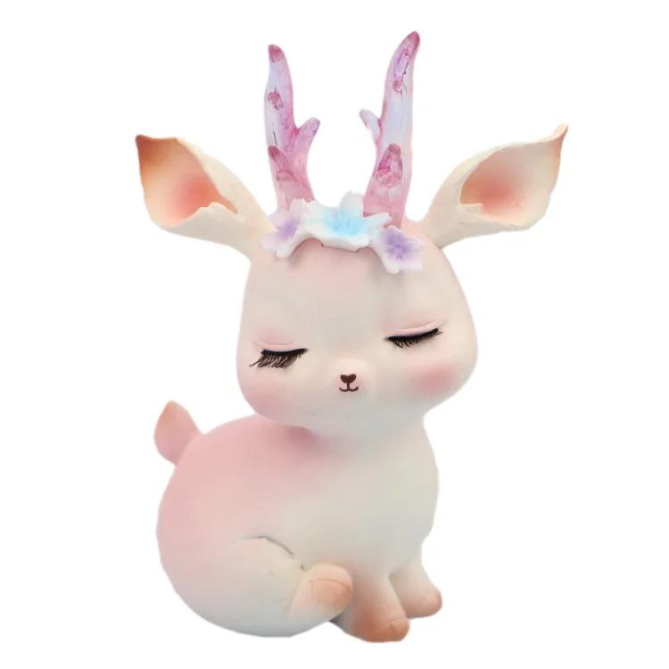 New Forest Style Pink Resin Deer Artificial Flowers Iron Acrylic Cake Toppers For Happy Birthday Party Decoration Baking Suplies