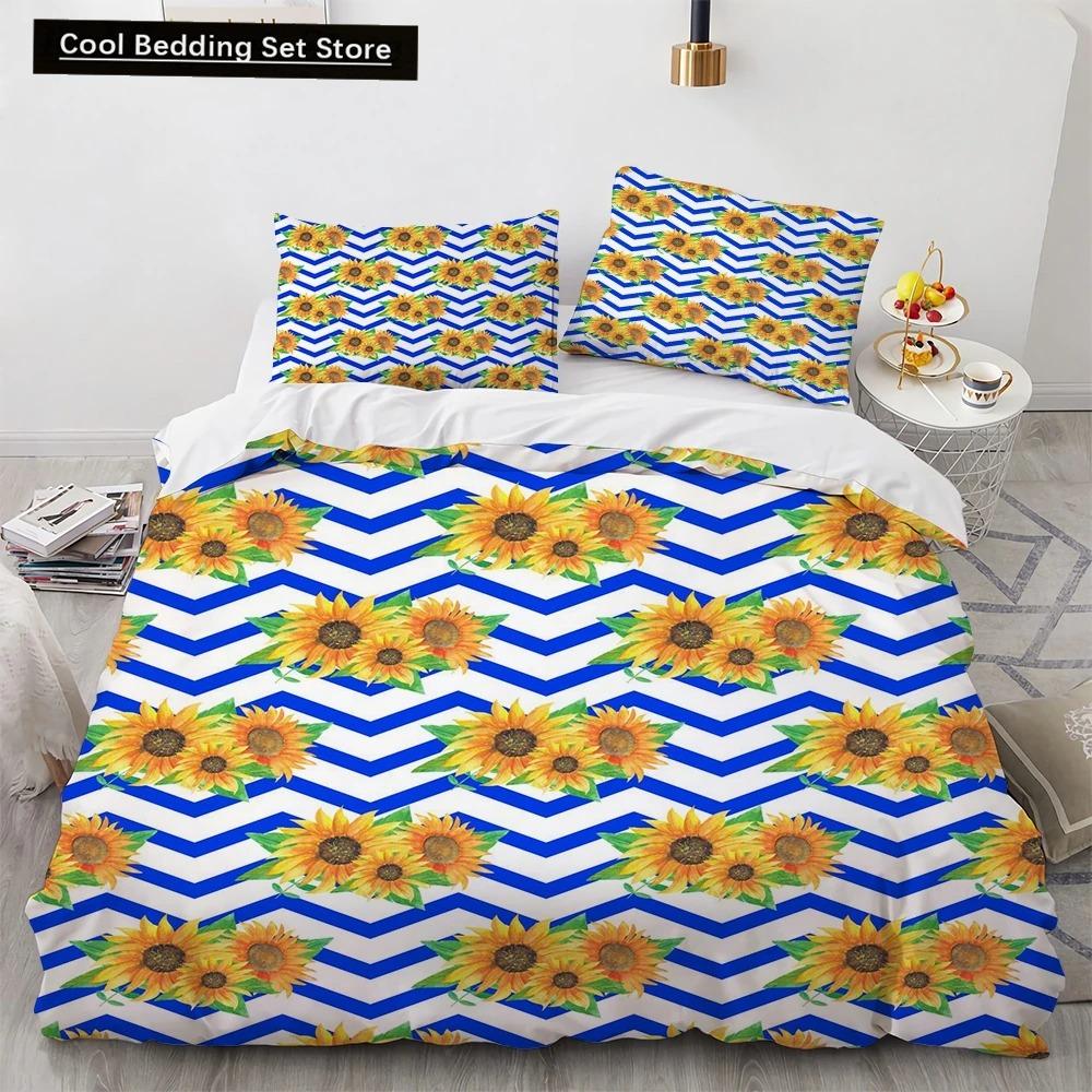 Sunflower King Queen Duvet Cover Striped Floral Bedding Set for Kids Teens Adults Colorful Flowers 23pcs Polyester Quilt Cover