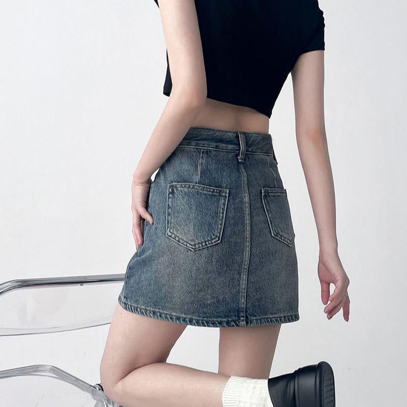 Jupe trapèze classique polyvalente vintage Bustier Décontracté Design fendu Taille haute Couverture d'entrejambe Jupe fourreau Mode été pour femmes Jupe courte en denim