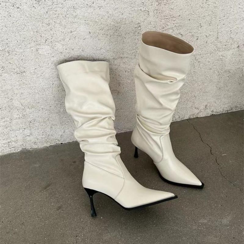 2026 Sharp Pointed Retro Fashion Women's Shoes Hot Sell Long Tube Pleated Women's Boots Look Slim Sexy Trendy High Heeled Boots