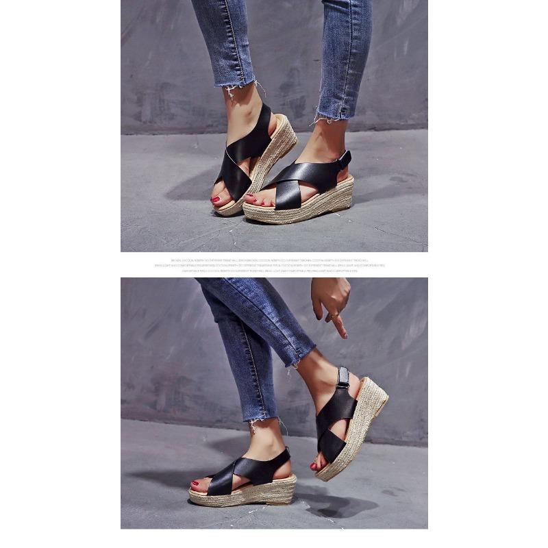 Women's Wamped Sandals Straw-knitted Rope Open-toe Roman Shoes Cross Fish Mouth