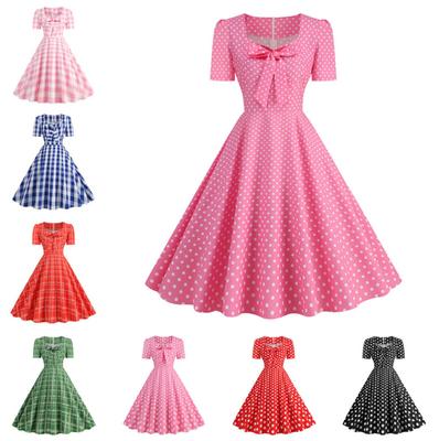 Damenmode Temperament Retro Polka Dot Schnürung Rückenfrei Set Hals Big Swing Puffy Casual Performance Kleid