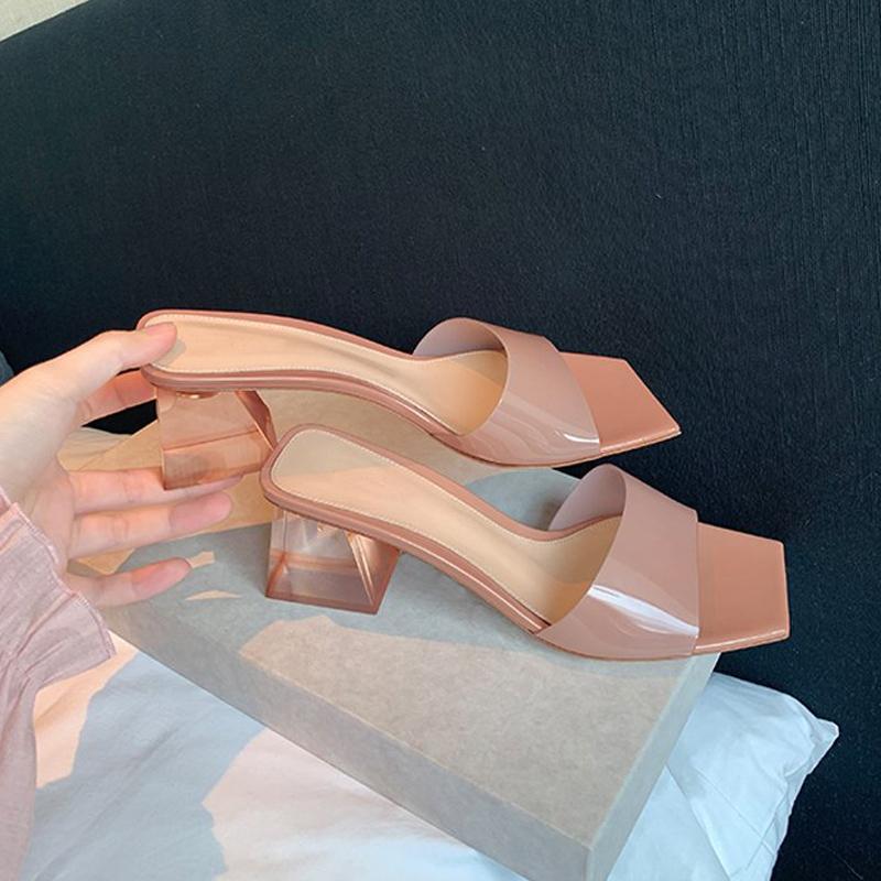 Mode Elegant Nude Pink PVC Transparent Pantoletten Frau Kristallabsatz Slides Damen Eckige Zehenpartie Silber Strass Hausschuhe