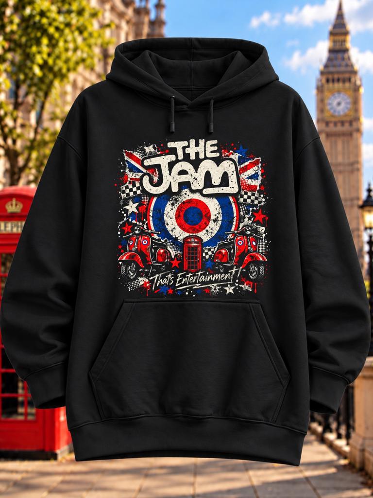 Unisex Hoodie The Jam S Entertainment British Mod Rock Design with Union Jack Fl-ags Red Scooters Blue Red Target Telephone Box and Stars