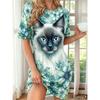 Women's Fashion Dresses Round Neck Short Sleeve Cat Pattern Printed Loose Casual Home Dress