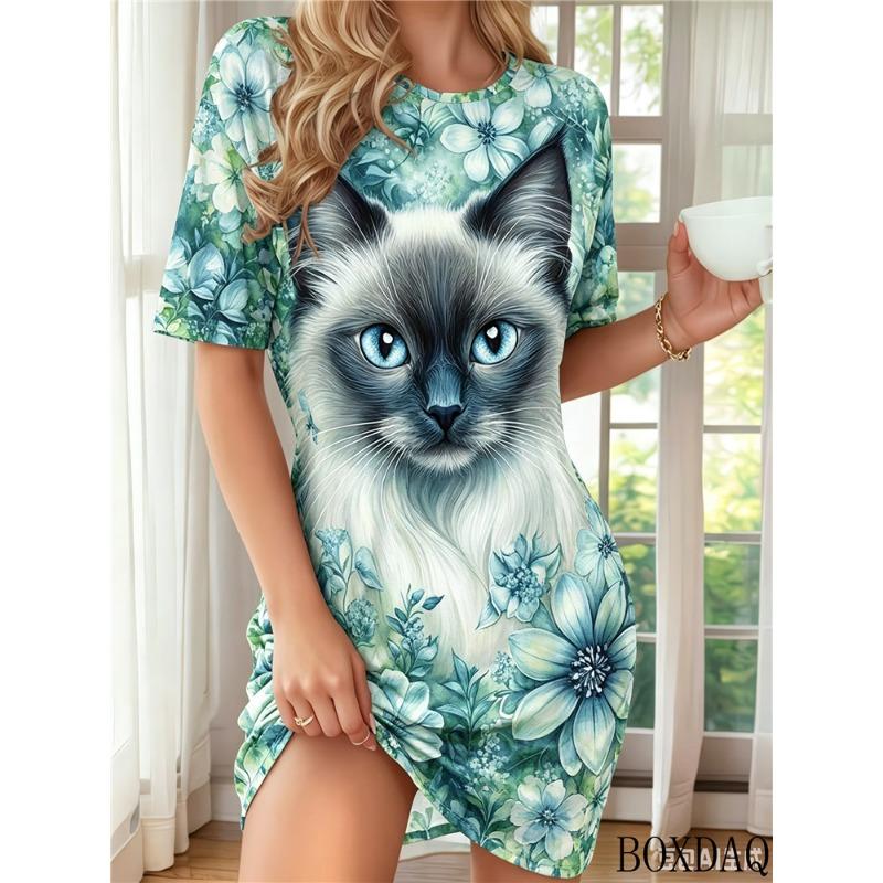 Women's Fashion Dresses Round Neck Short Sleeve Cat Pattern Printed Loose Casual Home Dress