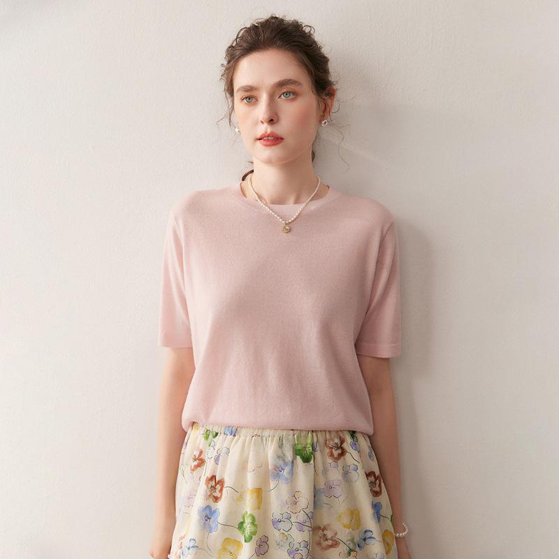 Women's 100% Wool Short Sleeve Round Neck Sweater - Casual, Versatile Solid Color Autumn Pullover
