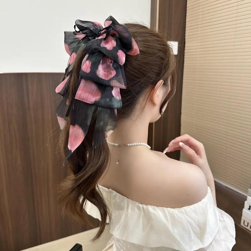 Handmade Chiffon Floral Bow Ponytail Clip for Voluminous Hair