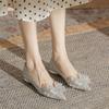210-1 Flat Single Shoes Women's 2025 New Pointed Crystal Wedding Shoes Rhinestone Bow Thick Heel Shallow Mouth Bridesmaid Shoes
