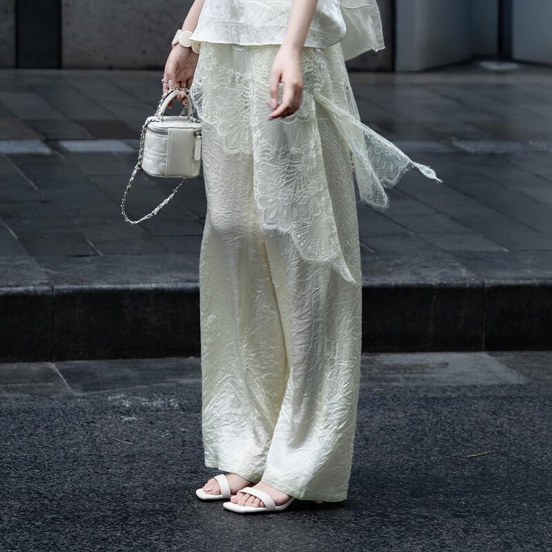 Lanseer Elegant Acetate Lace Trim Wide Leg Pants