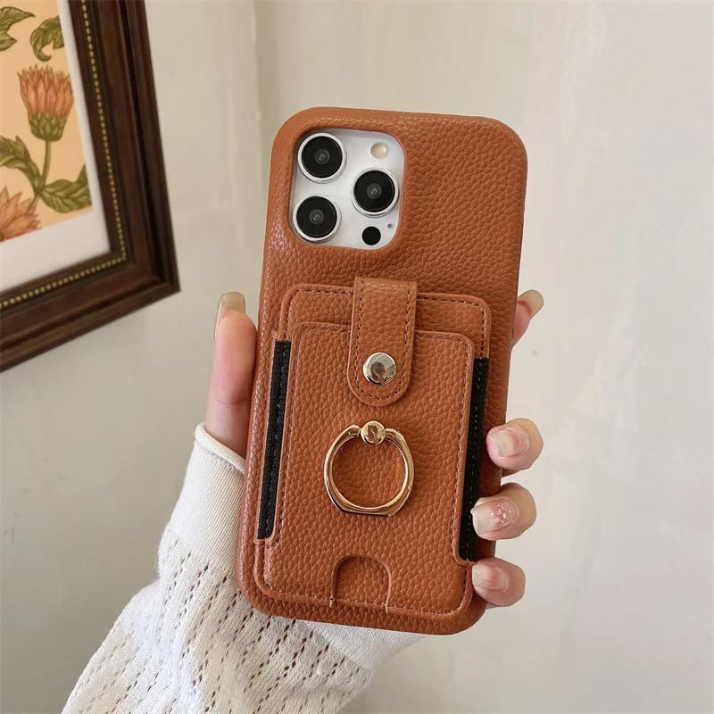 PU Leather  Ring Wallet with Card Holder Phone Case for IPhone 16 15 Plus Pro Max Shockproof Cover