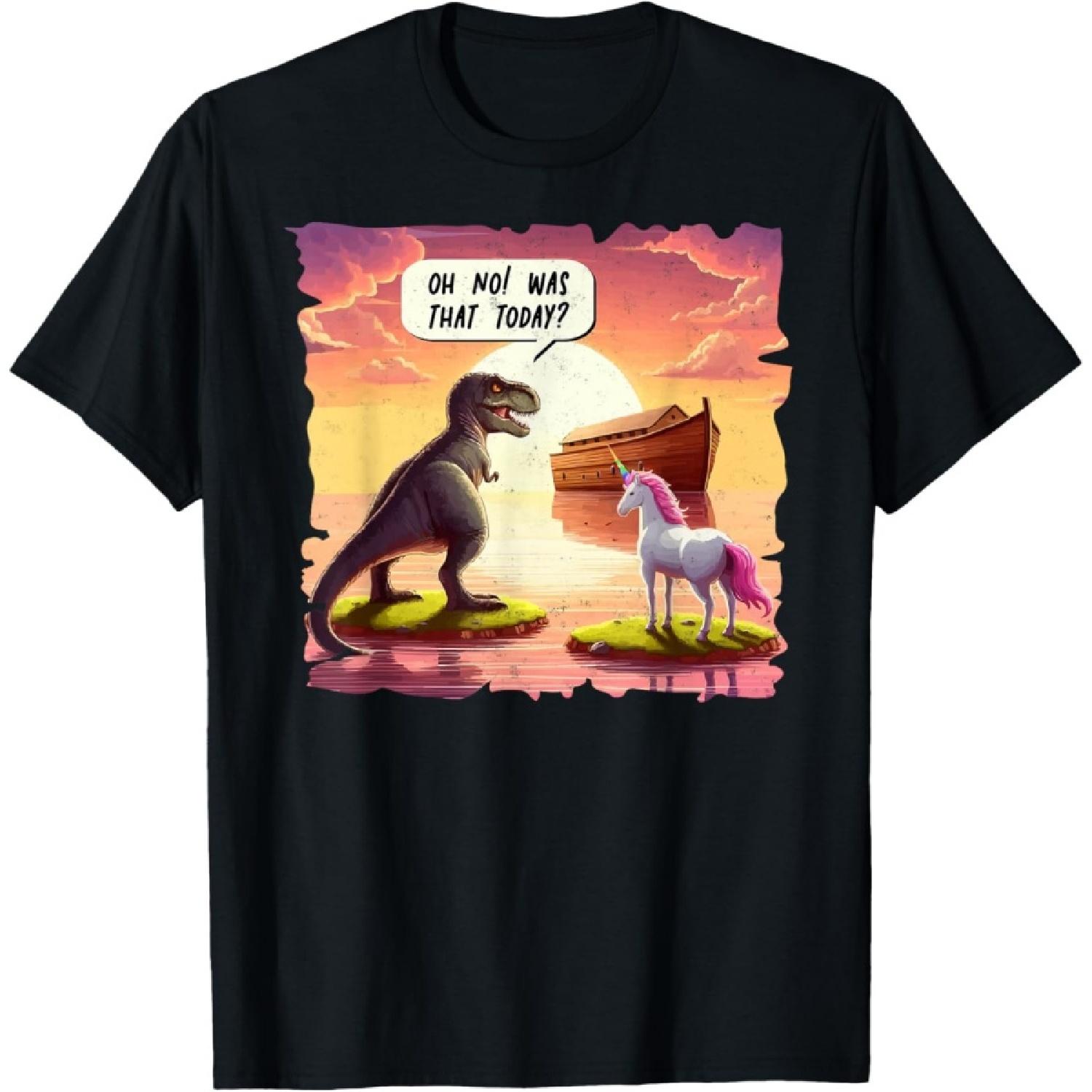 Noah s Ark Funny Unicorn & Dinosaurus Tee Cristian Humor T-Shirt(1) S