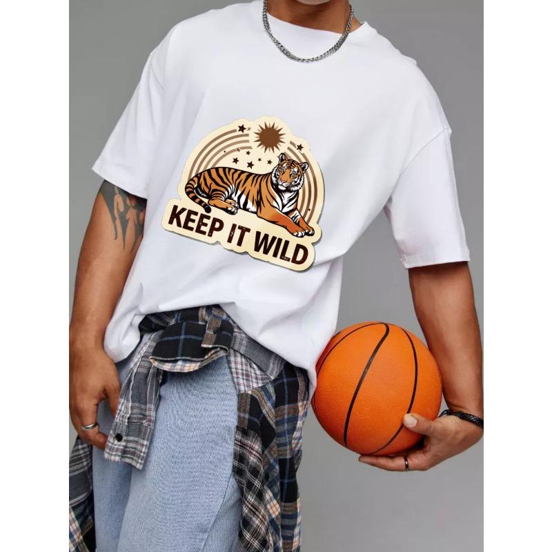 Cotton T Shirt White Tiger and Stars Keep It Wild Print Casual Wear for Men and Women Outdoor Adventure Style
