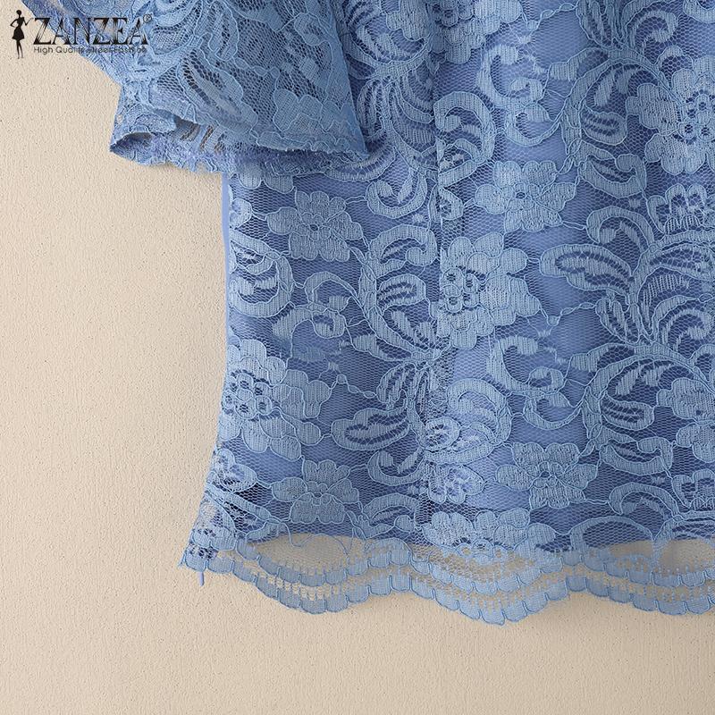 ZANZEA Women Casual Round Neck Short Sleeve Patchwork Lace Blouse