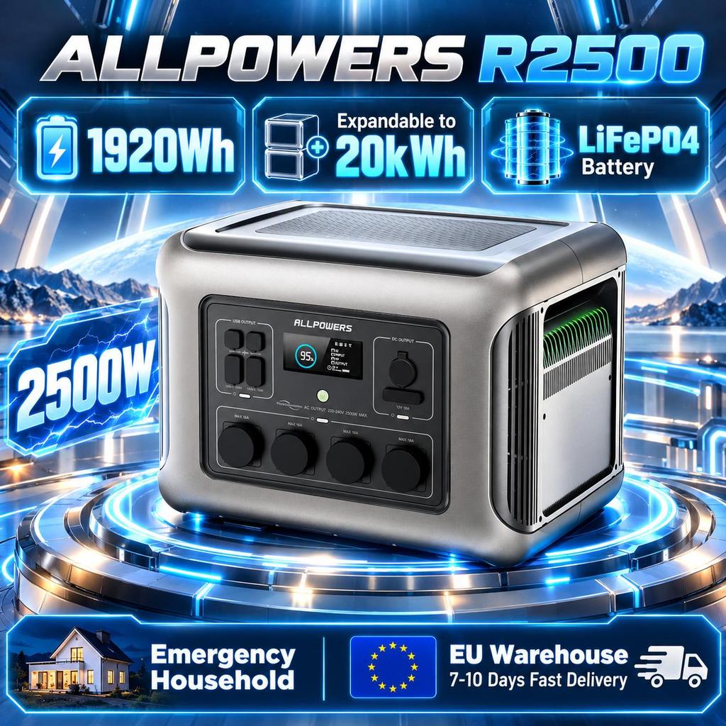 ALLPOWERS R2500 Přenosná napájecí stanice 1920Wh Rozšiřitelná na 20kWh Baterie LiFePO4 2500W Solární generátor pro nouzové použití v domácnosti