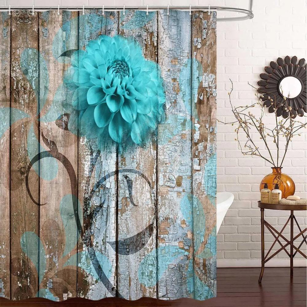 Farmhouse Flower Floral Printed Shower Curtain Rustic Teal Turquoise Dahlia For Bathroom Decor