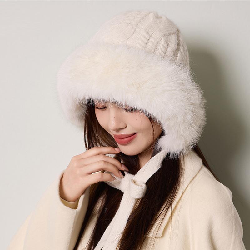 Knitted Hat Women's Autumn Winter Hemp Pattern Wool Collar Wool Hat Velvet Snow Hat