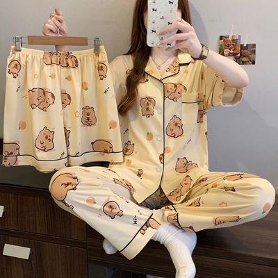 Mengqu Cartoon Kapibara Orange Pajamas Women'S Summer Casual Fashion Short-Sleeved Three-Piece Loungewear