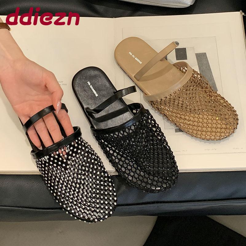 Fashion Female Bling Fashion Round Toe Flats Slippers Shoes For Women Mules Summer Beach Slides Ladies Flats Slippers Sandals Shoes