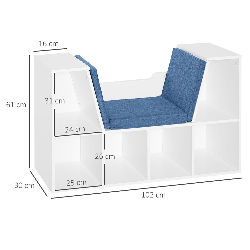 2-in-1 Bookcase Bench with Seat Cushions, Cube Shelf 6 Open Compartments and 2 Levels, Storage Furniture, 102 x 30 x 61 cm, Blue