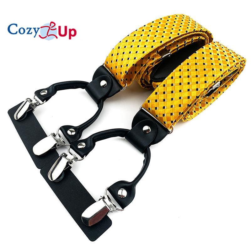 Suspensórios masculinos adultos em forma de Y com 6 clipes em tecido jacquard de couro com alça traseira elástica ajustável com ganchos giratórios e tiras elásticas nas costas em Y