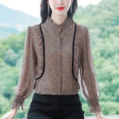 Bedrucktes Chiffon-Hemd für Frühling und Herbst, neue Mode, Leoparden-Bodenbluse, schlankes, altersreduzierendes, langärmliges Oberteil mit Stehkragen