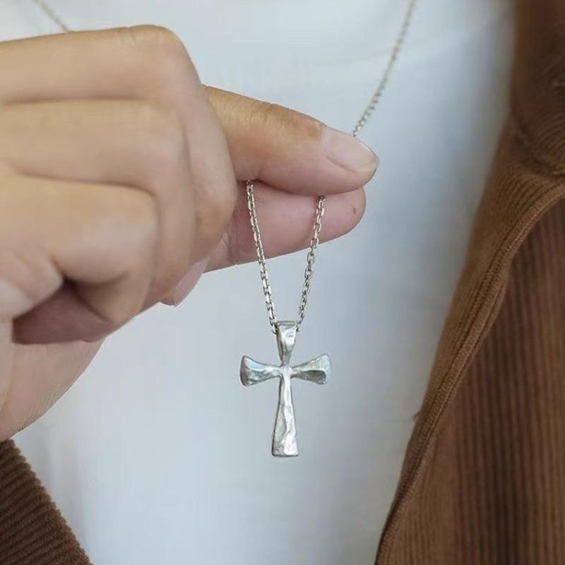 Silver Cross Necklace, Neutral Versatile Hand-Beated Cross Pendant
