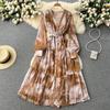 Women French Fashion Single Breasted V Neck Long Dress With Belt Summer Autumn Elegant Print A-line Robe Female Holiday Clothes