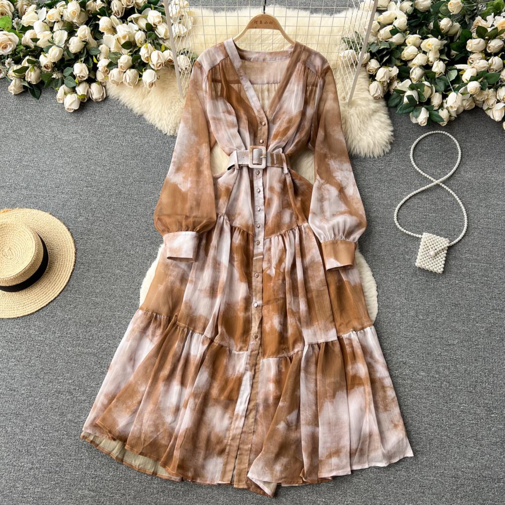 Women French Fashion Single Breasted V Neck Long Dress With Belt Summer Autumn Elegant Print A-line Robe Female Holiday Clothes