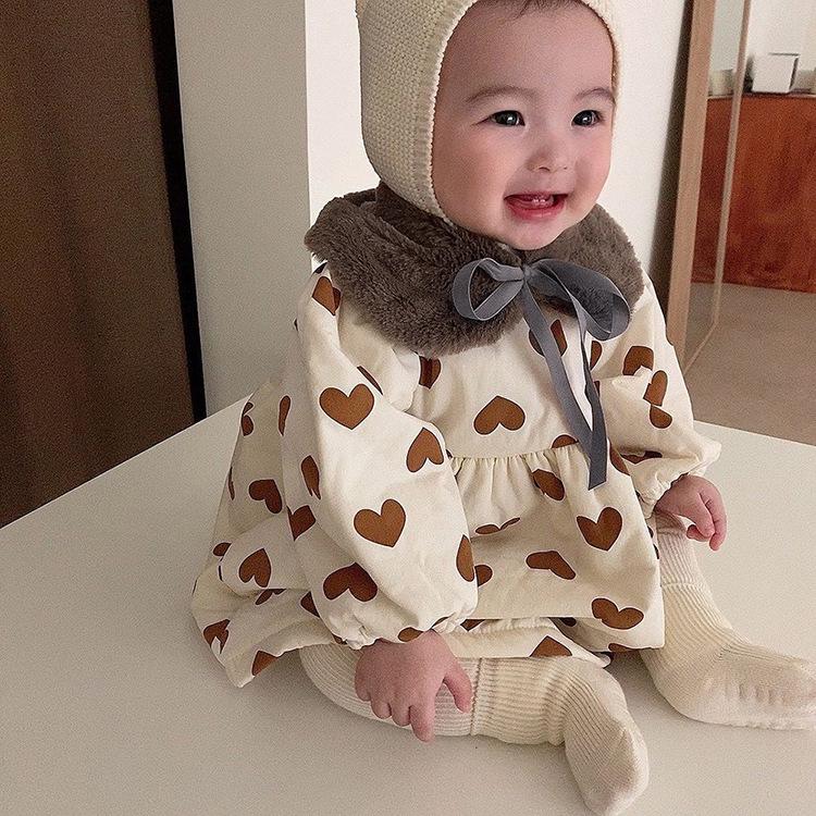 Clearance: Baby Heart Print Quilted Dress with Fur Collar - Long and Warm