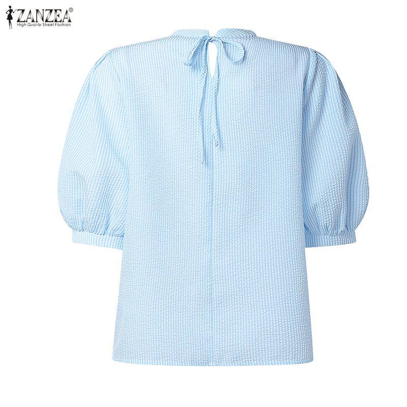 ZANZEA Women Casual Stand Collar Loose Half Sleeve Stripe Blouse