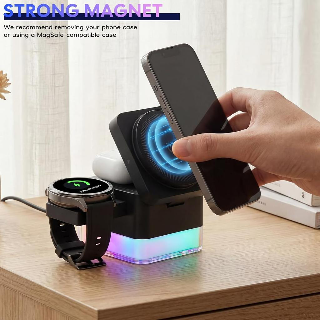 Magnetic Wireless Charger 15W Foldable Fast Charger Stand with Night Light for iPhone 17/16 Apple Watch Ultra/SE/9/8/7AirPods 3/2/Pro 2