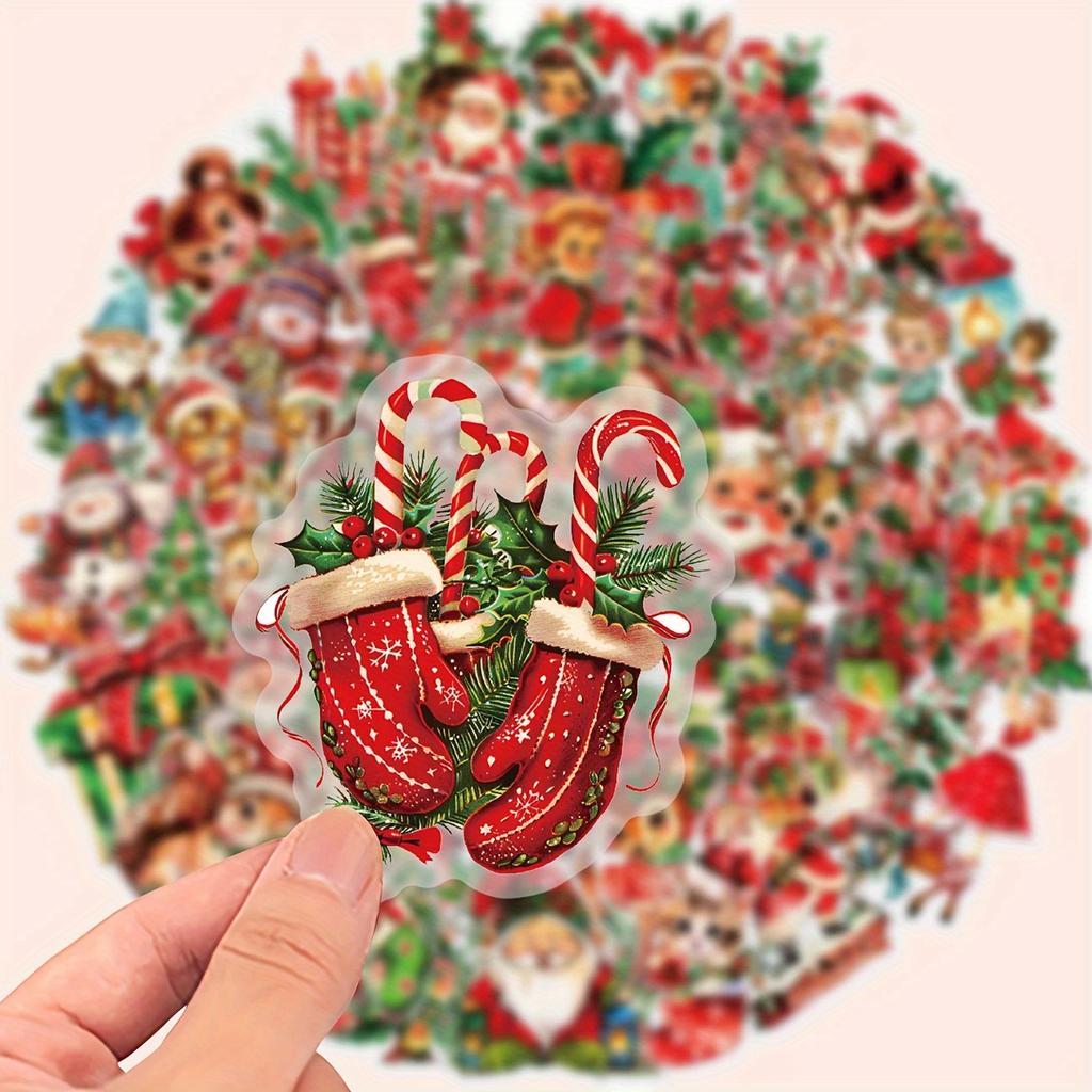 50pcs Retro Christmas Vinyl Stickers, Reusable for Laptops, Water Bottles, Suitcases, Helmets, Motorcycles,Guitars,Holiday Gifts