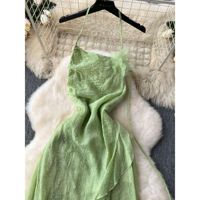 Seaside Holiday Sexy Halter Backless Dress Women's Summer Tight Waist Elegant Asymmetrical Ruffles Chiffon Dress