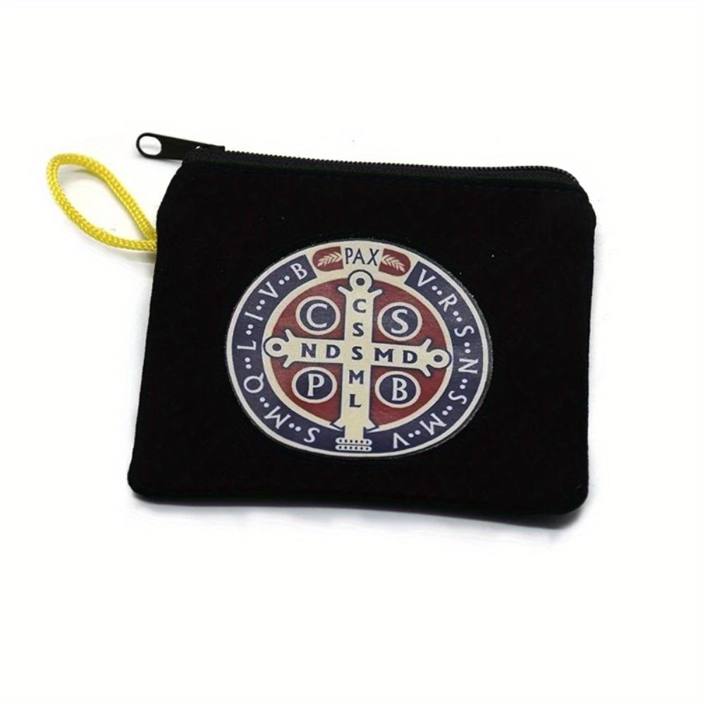 2pcs Saint Benedict Color Print Black Velet Zipper Rope Rosary Necklace Storage Bag